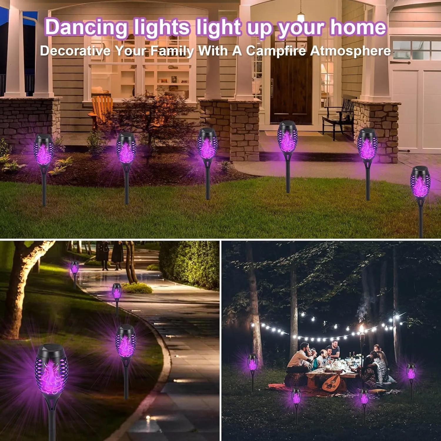 Solar flame torches used around a home, path and outdoor gathering
