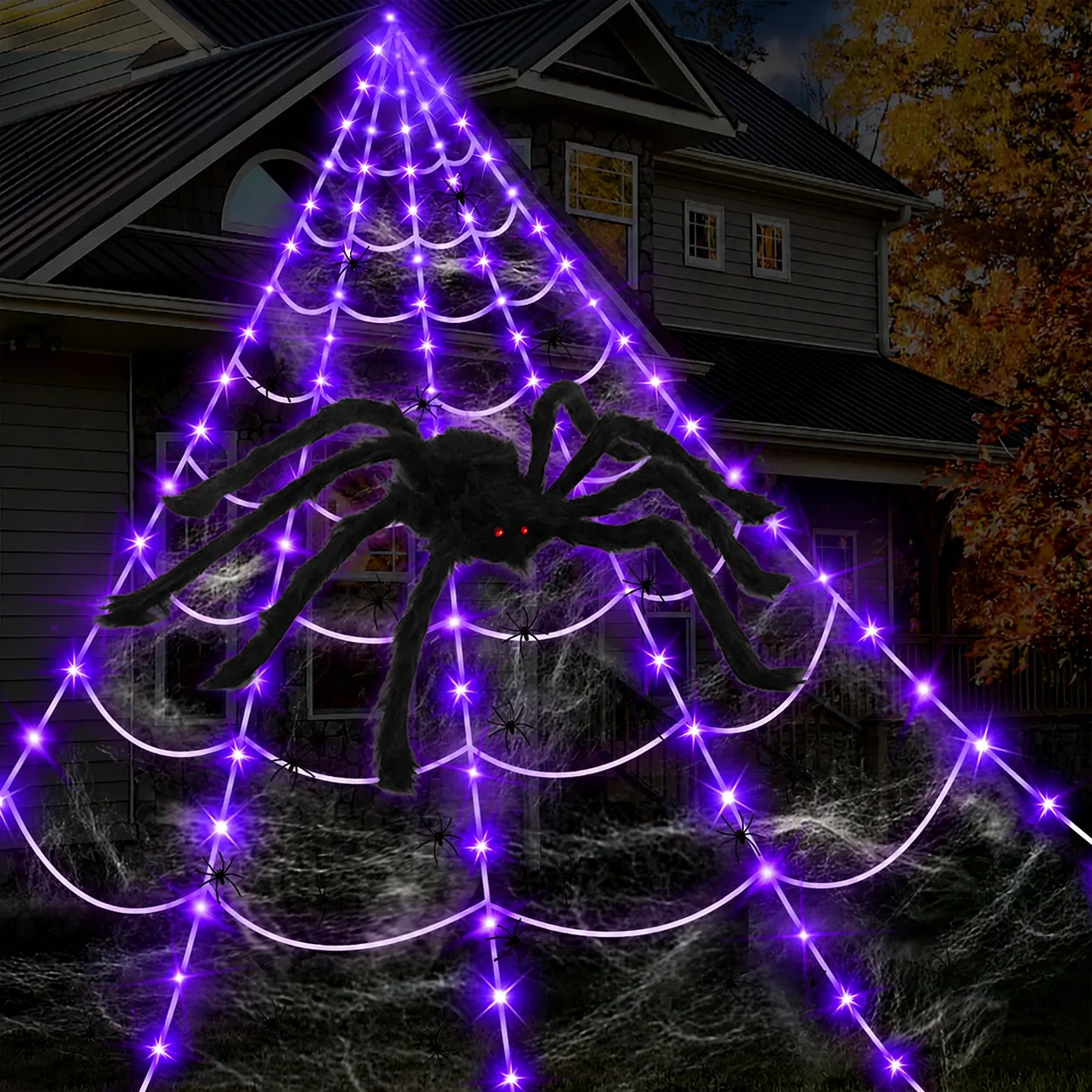 Large glowing spider web and furry spider covering a front porch