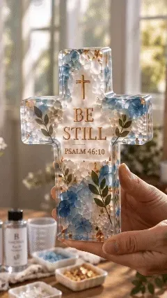 Animated Be Still resin cross held up to light