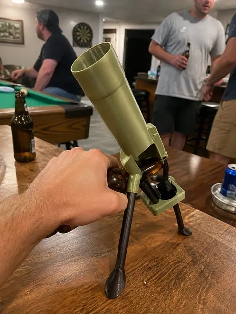 Game-night bottle opening at a basement bar