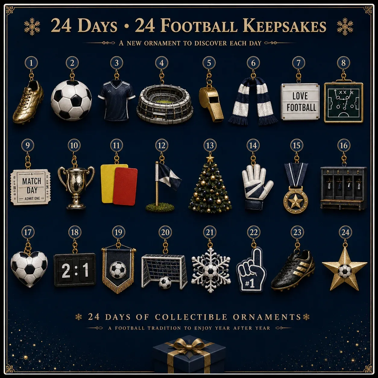Full collection of 24 football Christmas keepsake ornaments