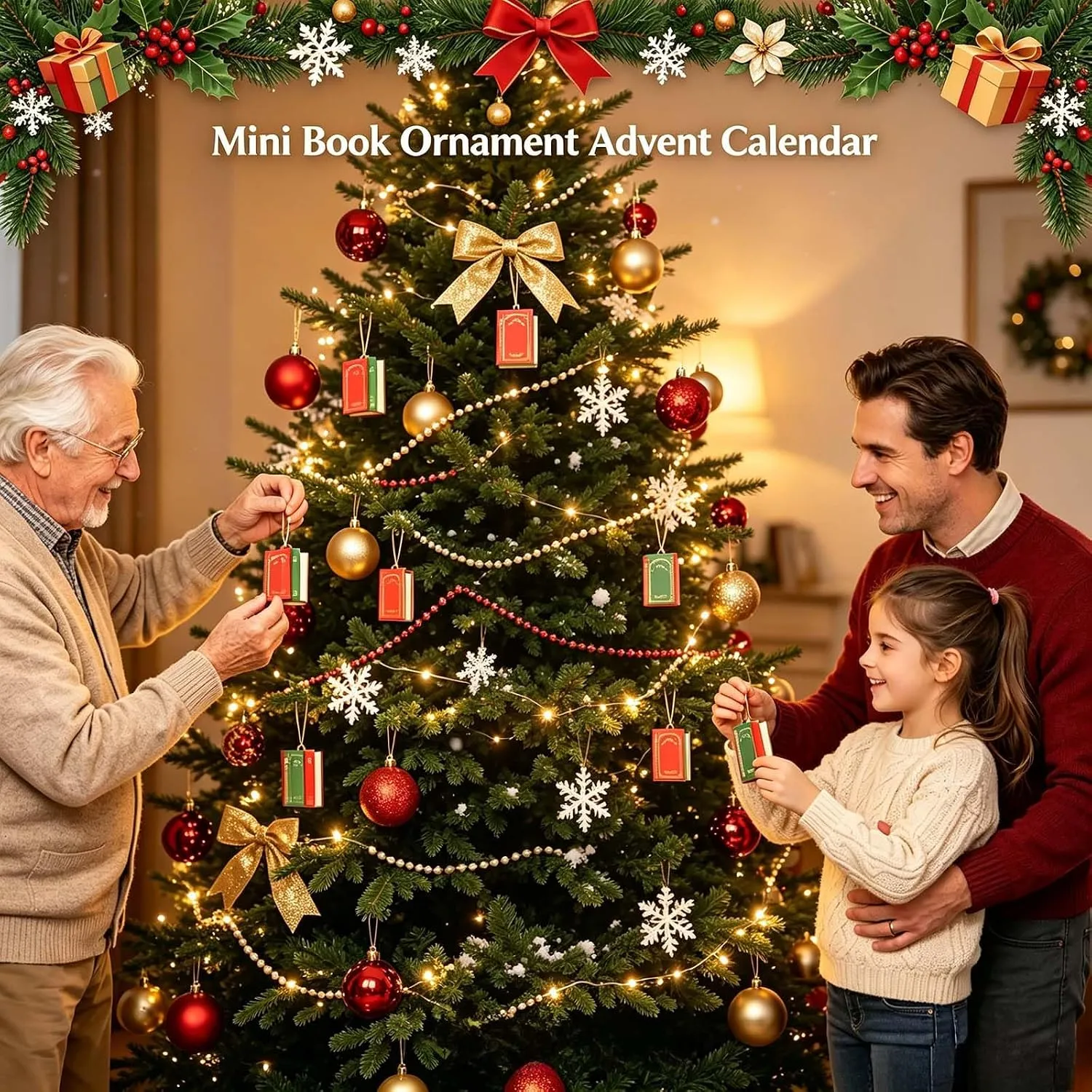 Family decorating a Christmas tree with miniature book ornaments