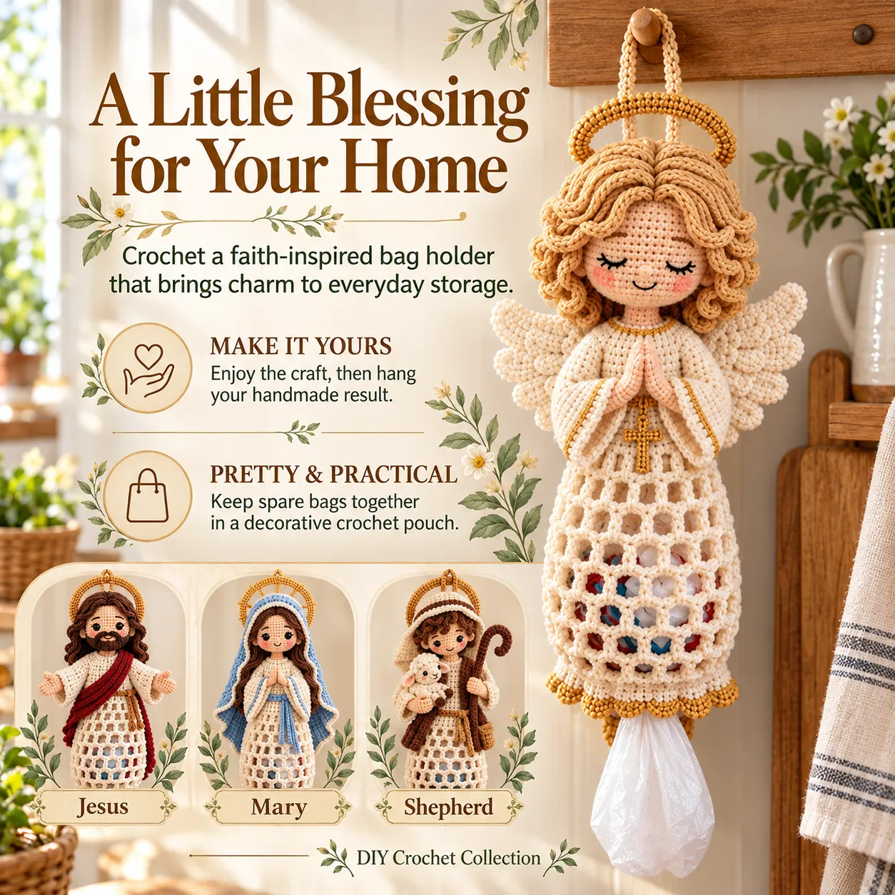Blessed Home crochet bag holder collection main image showing the completed Guardian Angel and Jesus, Mary and Shepherd designs