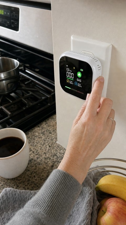 Monitor being checked beside a kitchen range