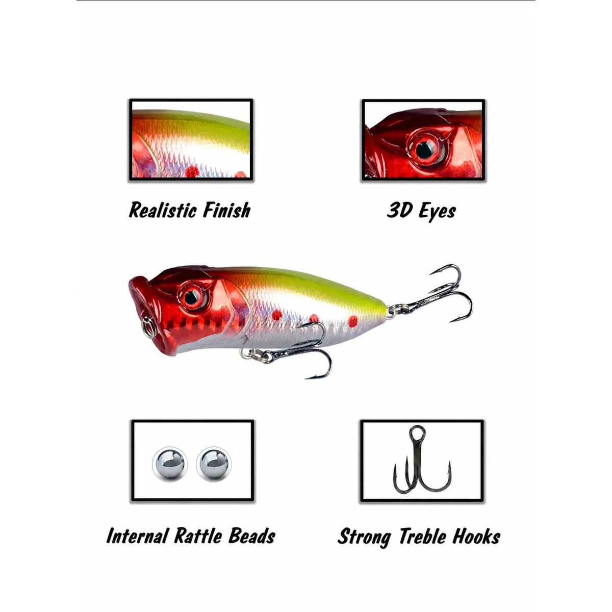 Topwater popper lure features including 3D eyes internal rattle beads and treble hooks