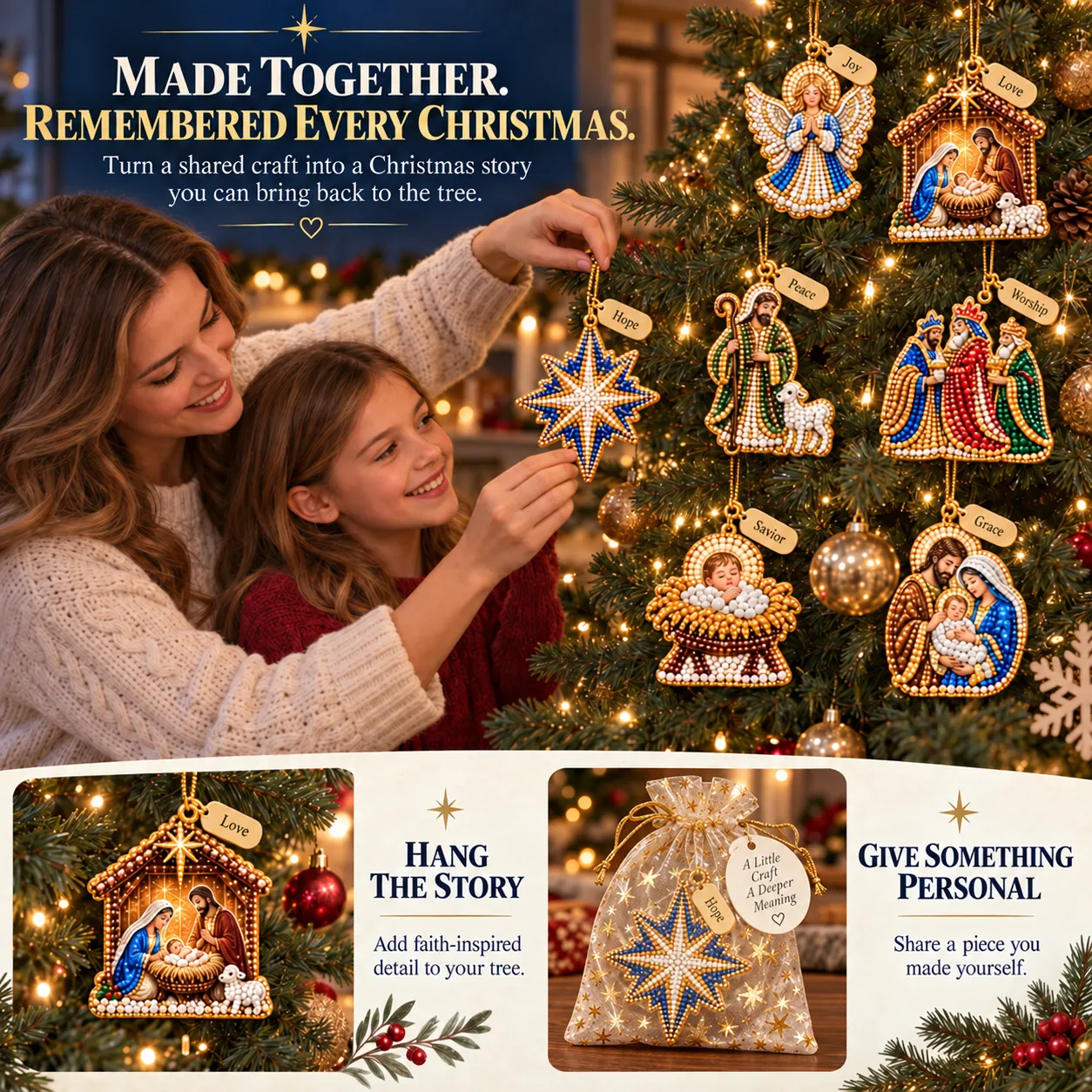 Illustrated family decorating scene and a finished Star presented in an individual gift bag