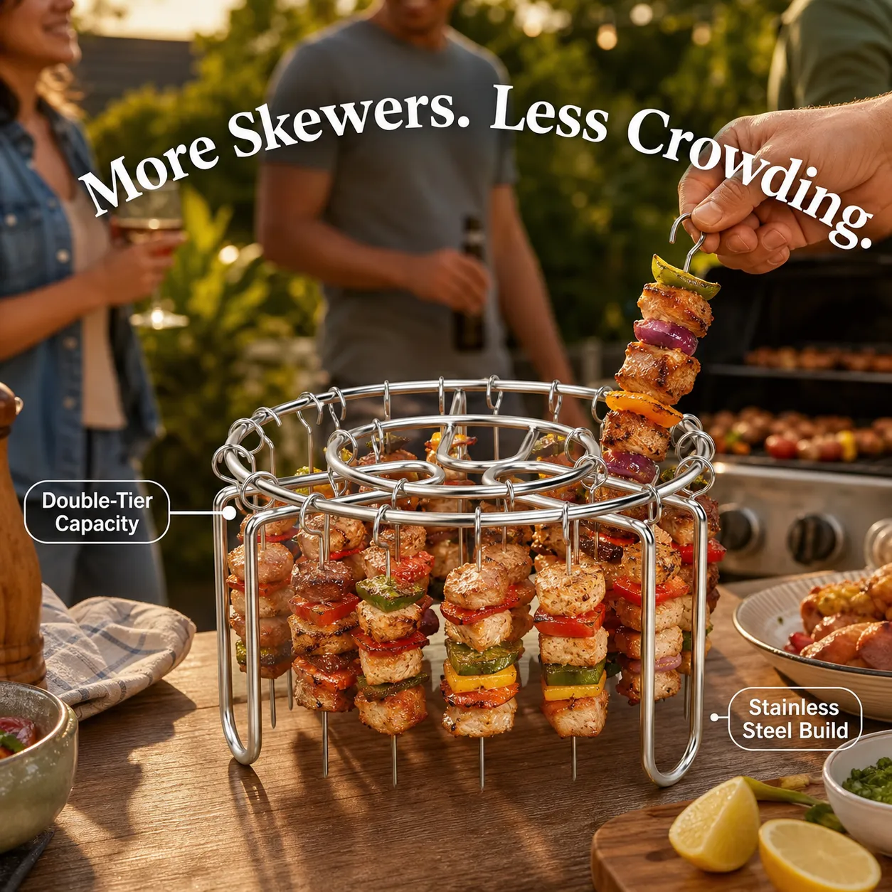 Loaded stainless steel skewer rack at a backyard cookout