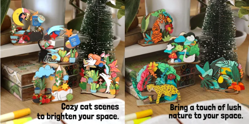 Cat and jungle wood painting craft scenes