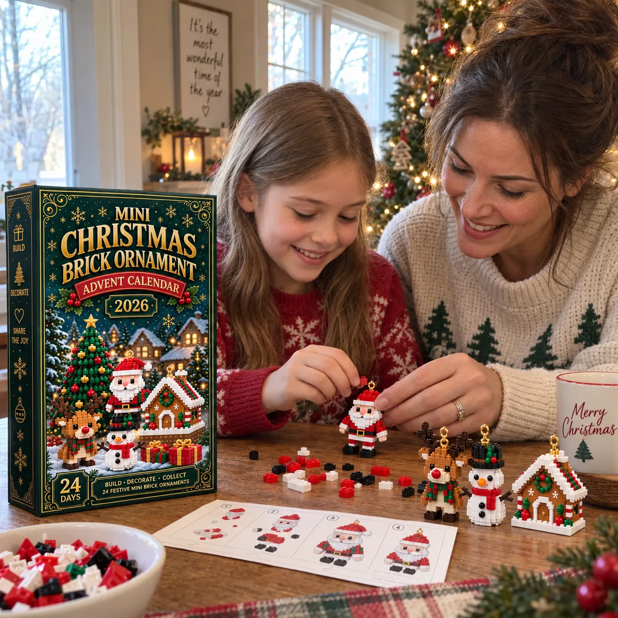 Mother and daughter assembling a Santa brick ornament at a table
