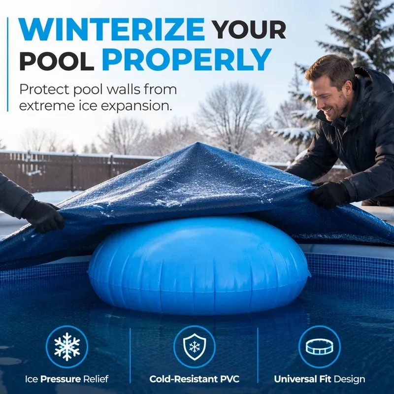 Inflatable pool winterizing air pillow beneath a winter pool cover