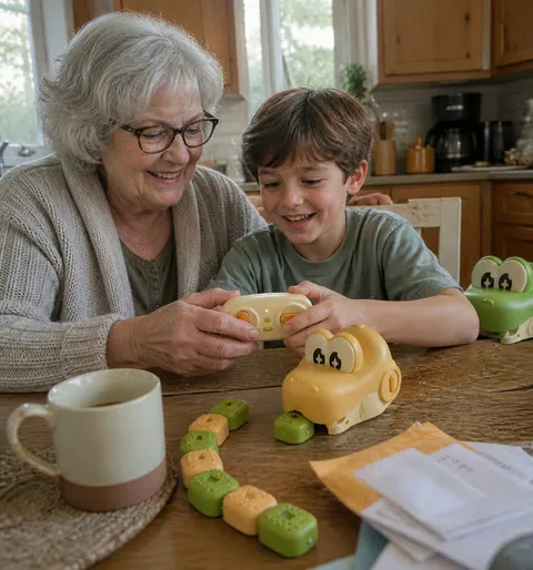 A grandmother and grandson learning the remote-control game together