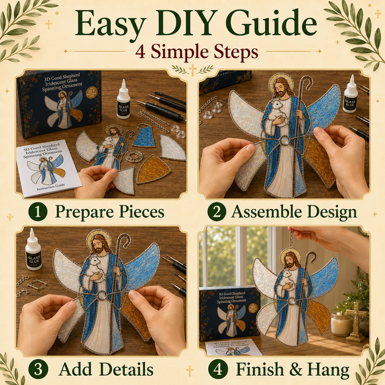 Four simple steps for assembling the Good Shepherd ornament
