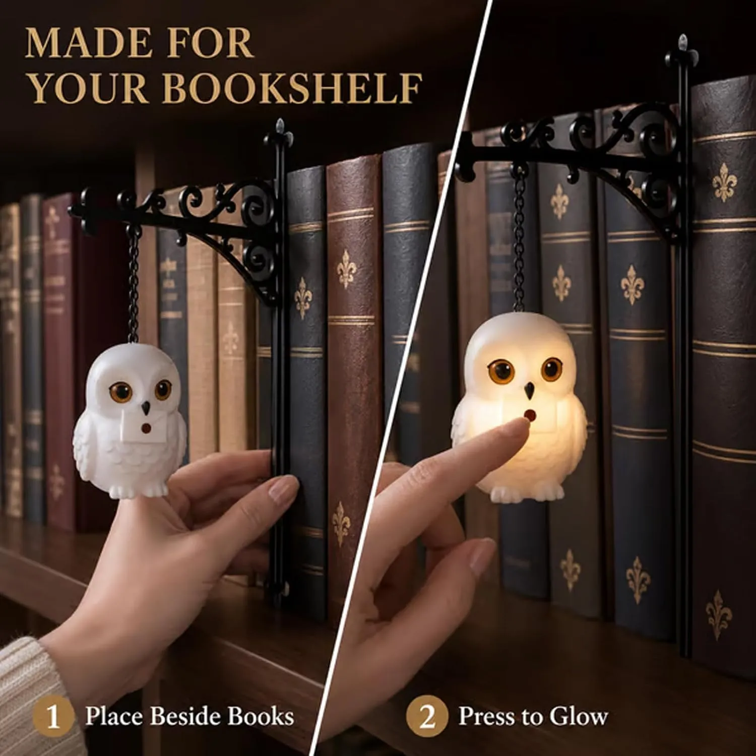 Placing the owl light beside books and pressing it to glow