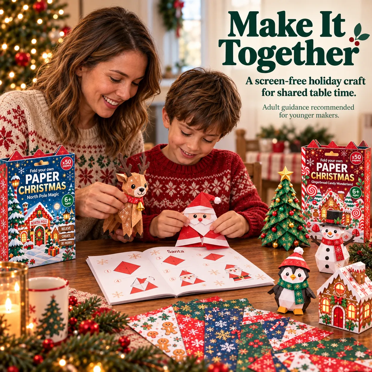 Adult and child folding Christmas paper characters together at a holiday table