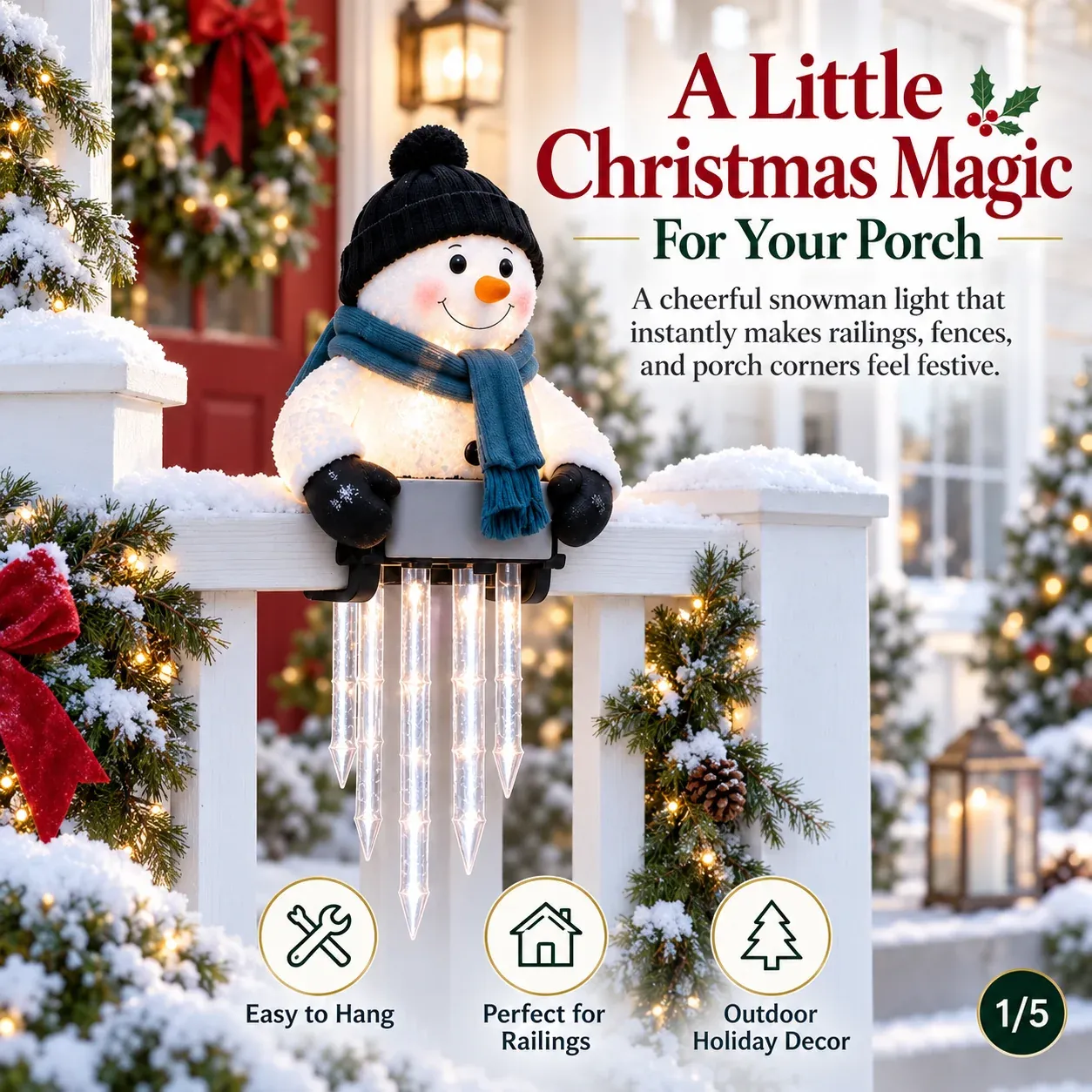 Christmas snowman railing light in a holiday porch setting