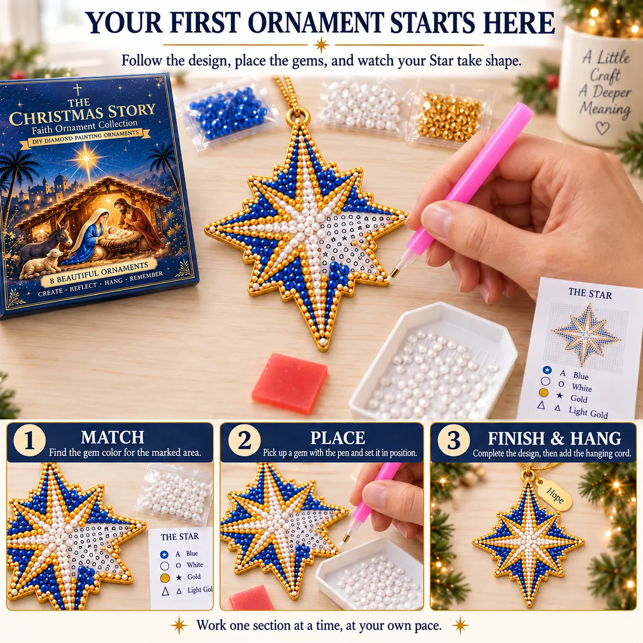 Star ornament being made with the pen, marked color guide, tray and gems, followed by hanging the finished design