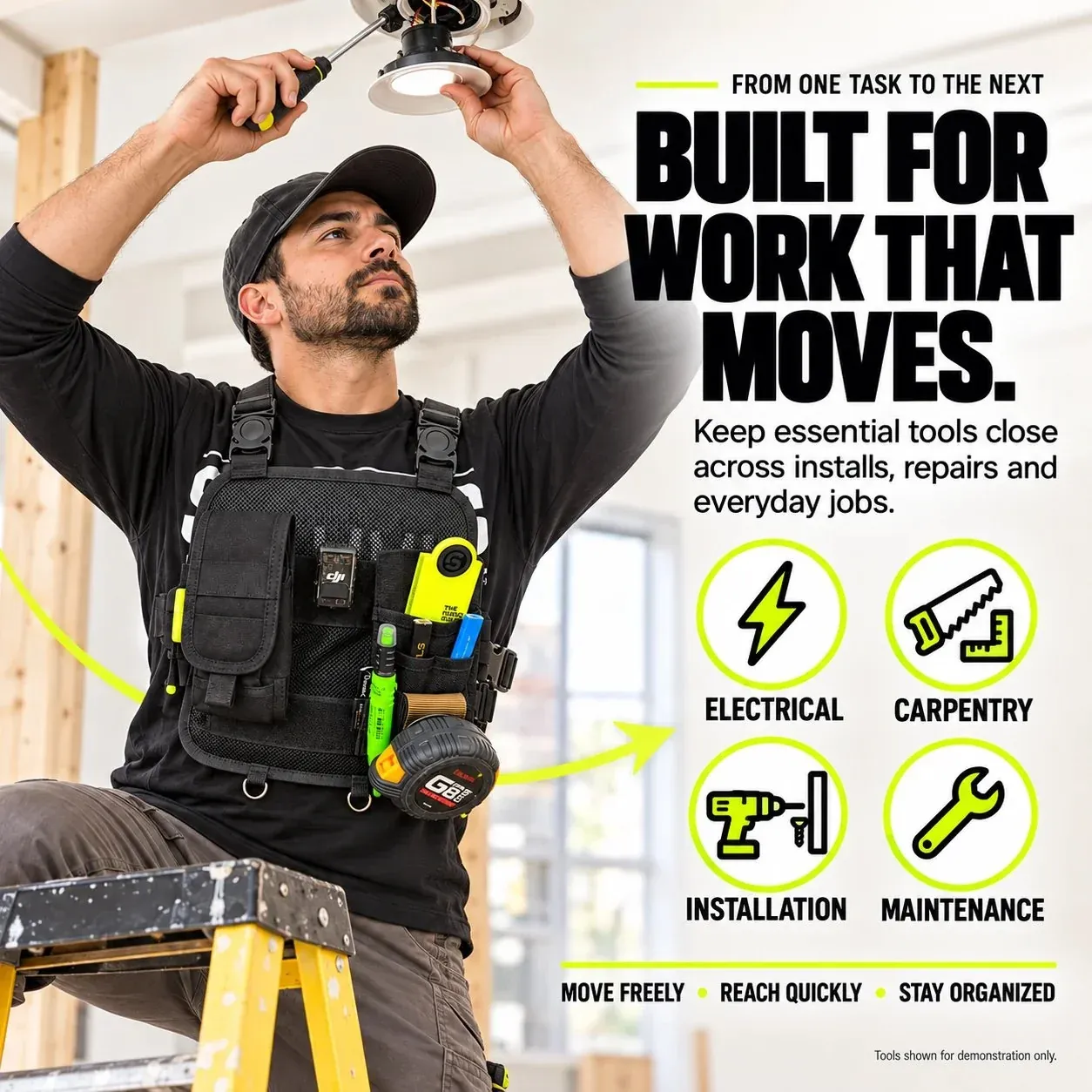 Worker wearing the organizer during an installation task, with electrical, carpentry and maintenance uses illustrated