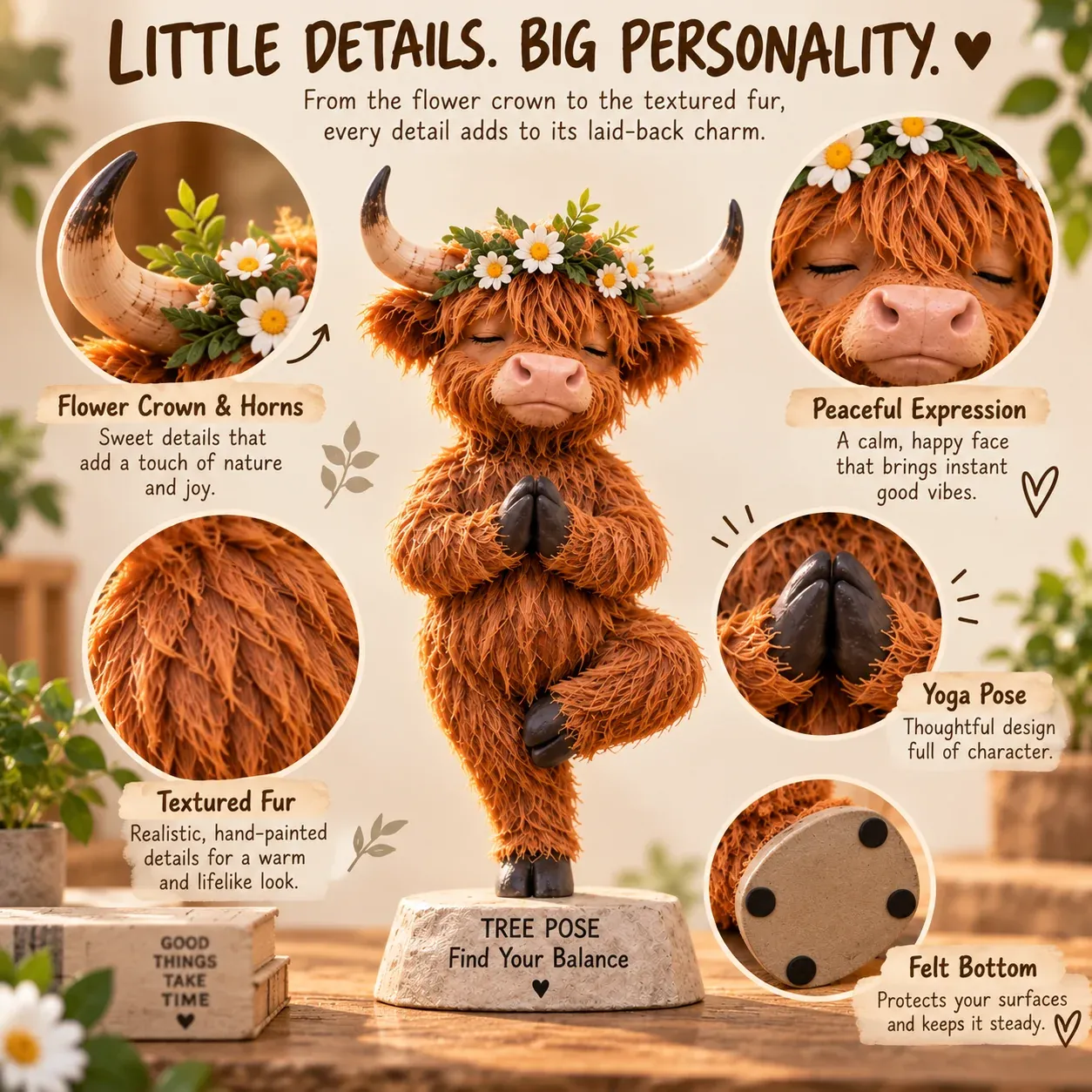 Highland cow yoga figurine details