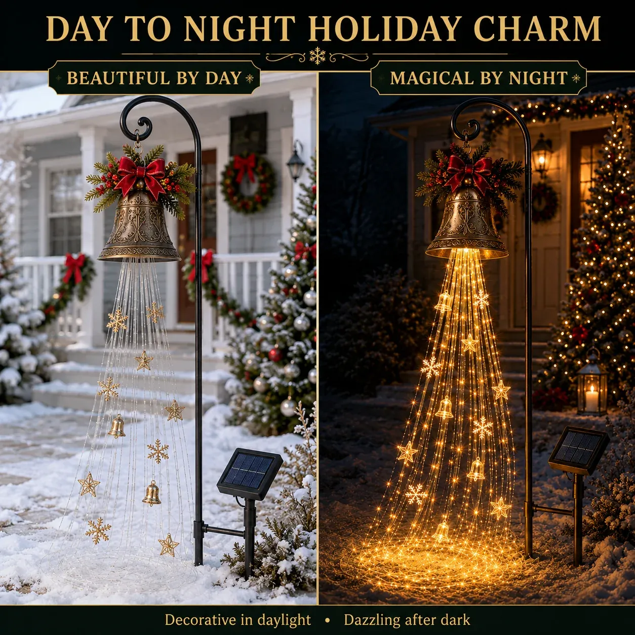 Day and night comparison of the Christmas bell cascade yard light