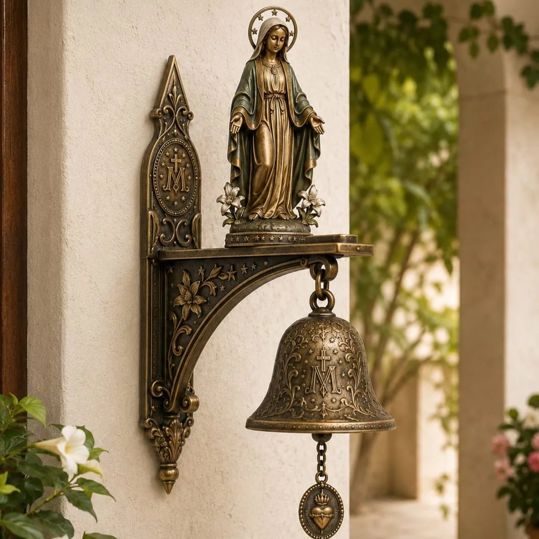 Our Lady of Grace wall bell displayed in a warm home setting