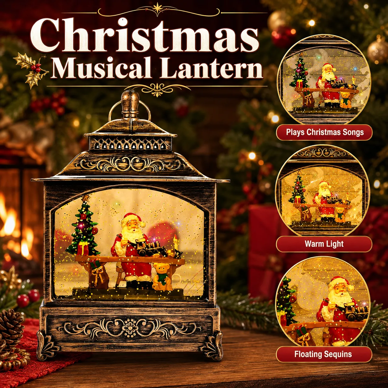 Christmas musical lantern with warm light, music, and swirling snow details