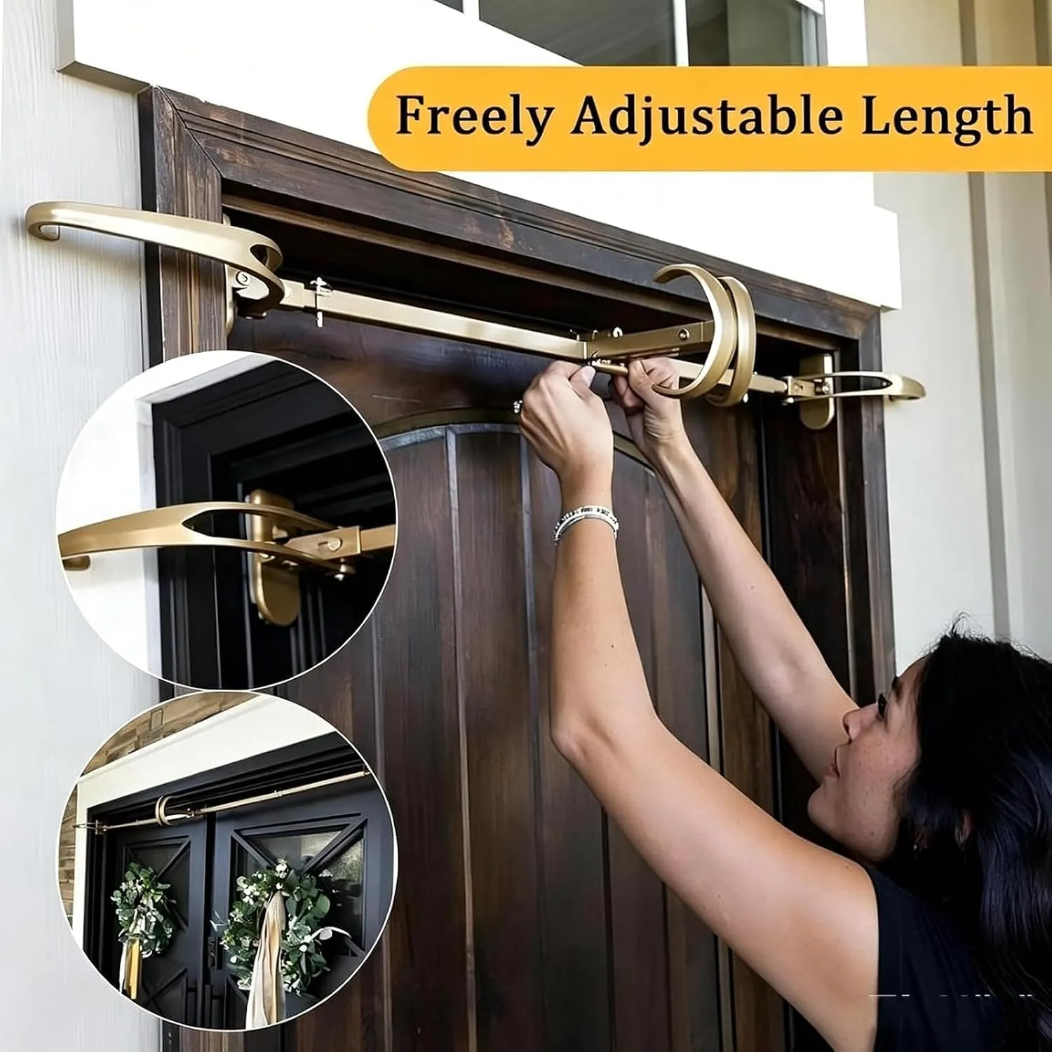 Gold adjustable wreath hanger being fitted across a door frame