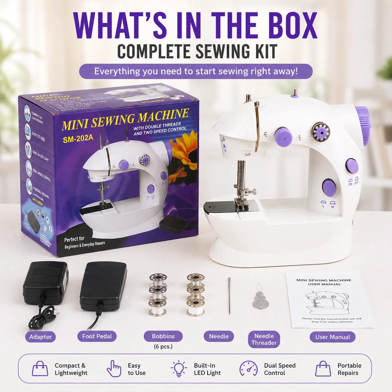 Mini sewing machine complete kit for beginners students DIY lovers and home repair use