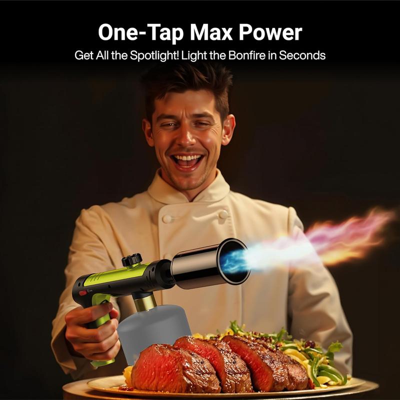 Chef searing steak with a powerful propane torch