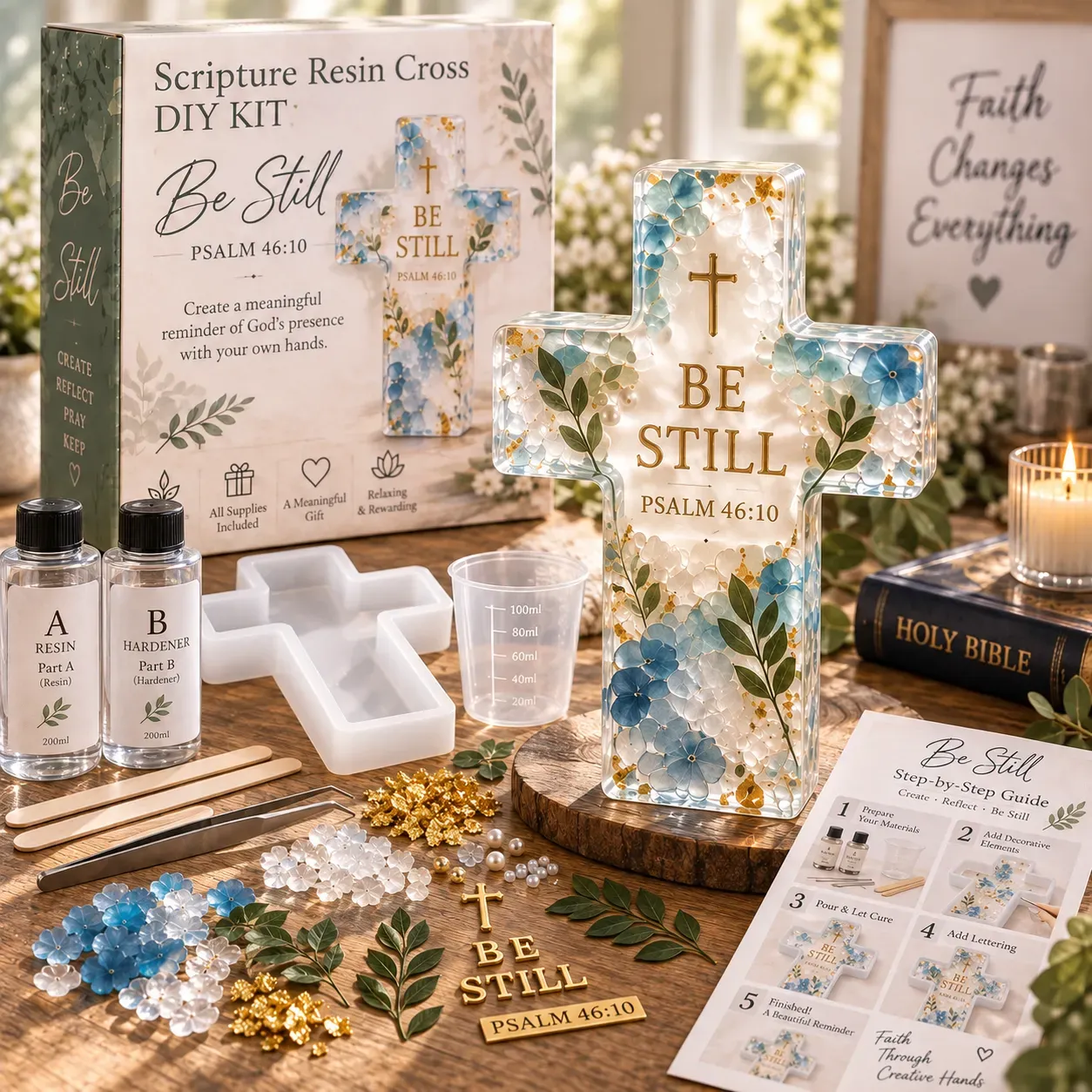 Be Still Scripture resin cross DIY kit with box, resin bottles, silicone cross mold, flowers, leaves, gold accents and tools