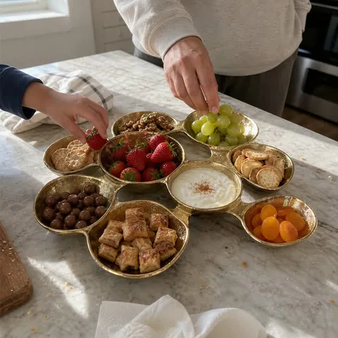 Connected nine-compartment centerpiece used for family brunch