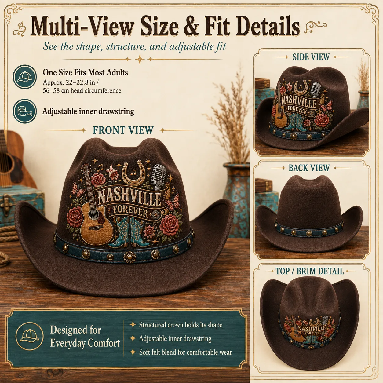 Cowboy hat front, side, back and top views with size and fit details