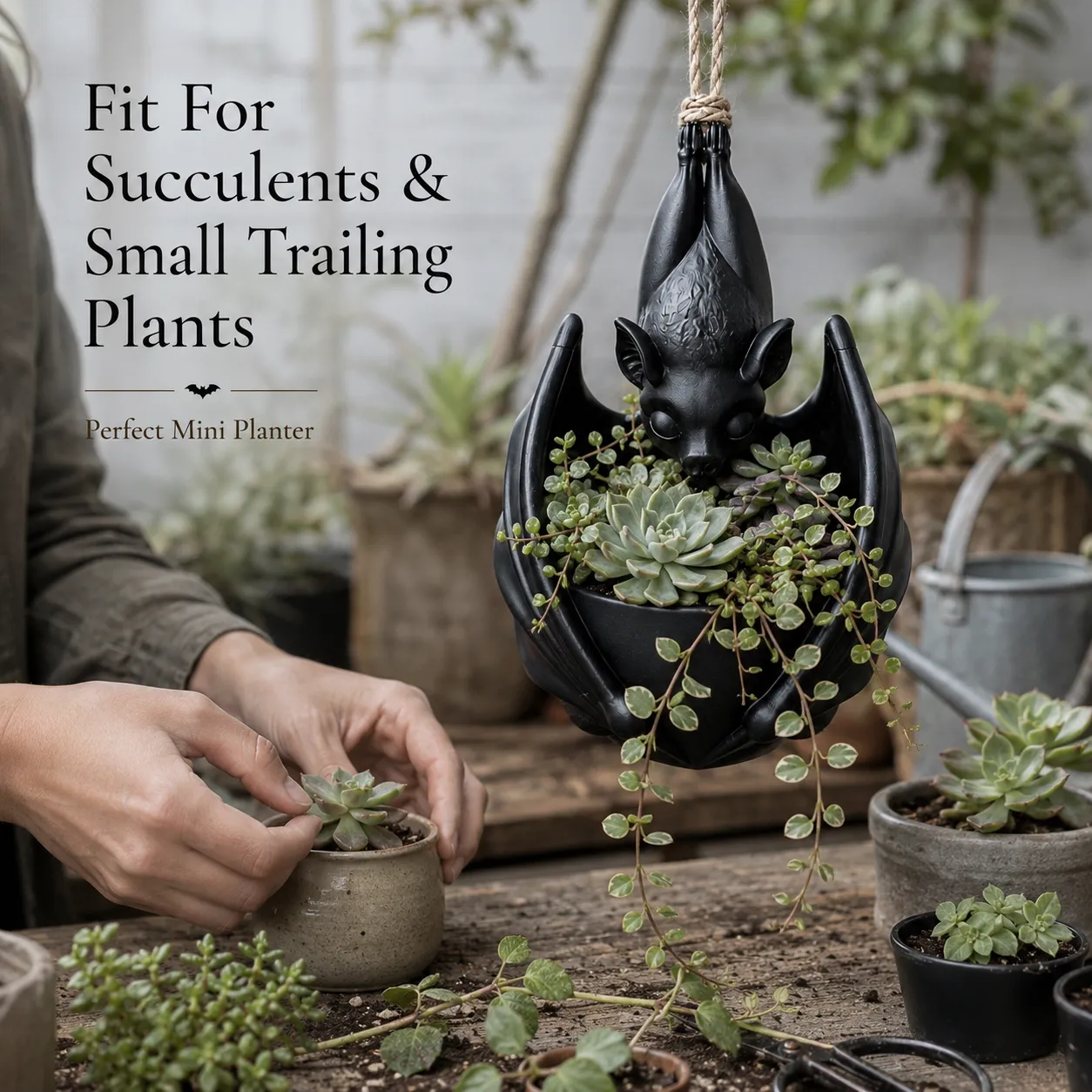 Small succulent and trailing plant displayed inside a hanging bat planter