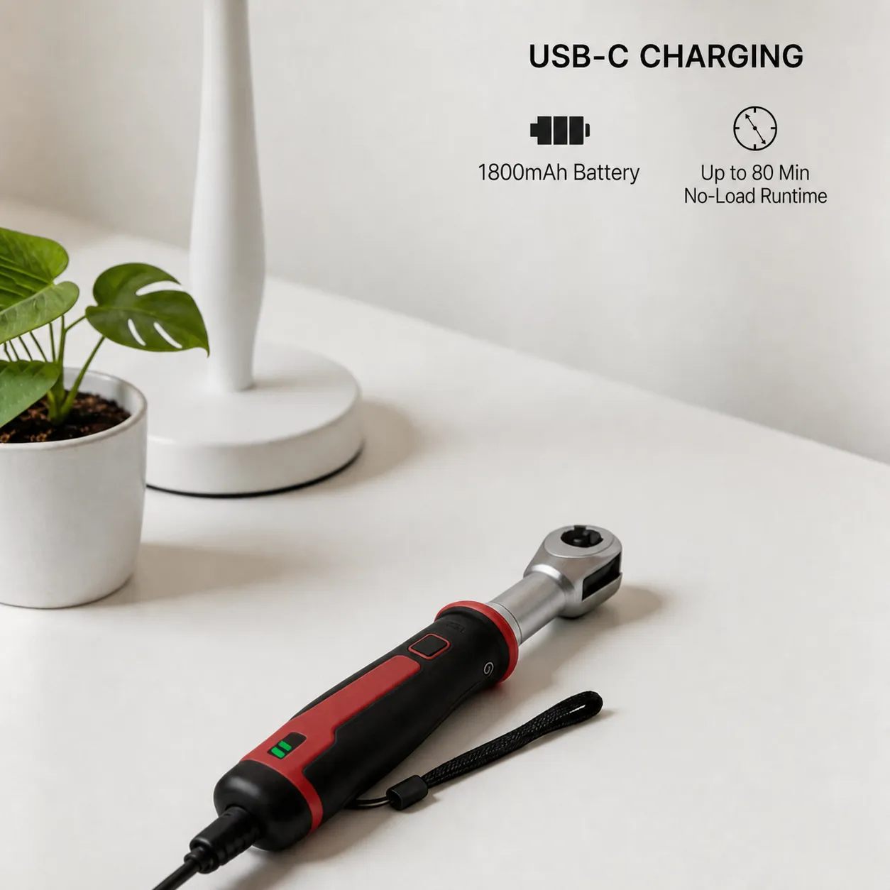 USB-C rechargeable ratchet wrench and included charging cable
