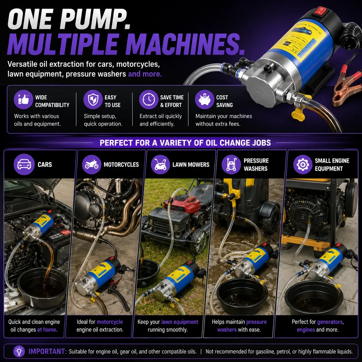 Diagram of vehicles and equipment the oil pump can be used with