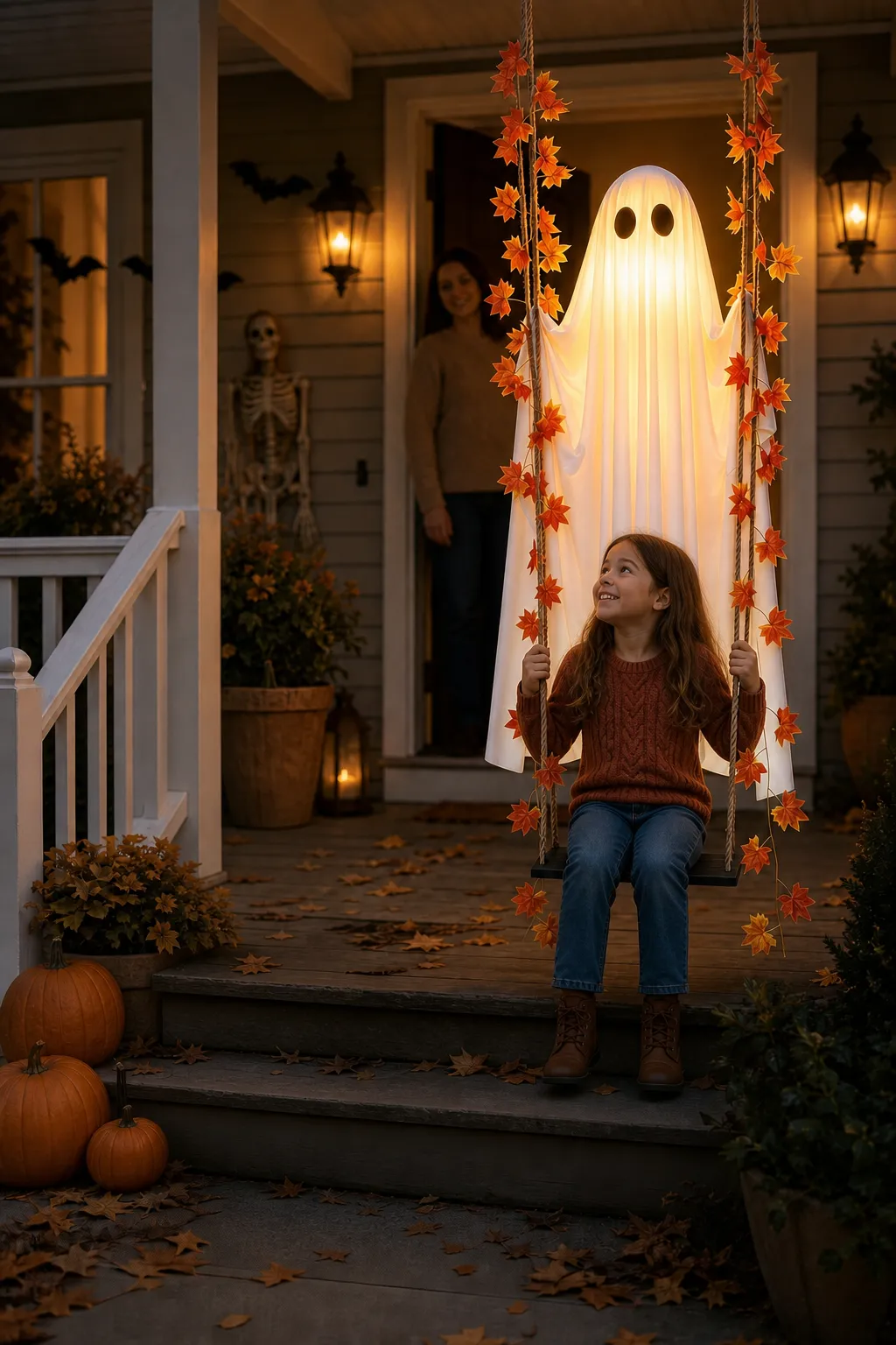 Girl sitting on the glowing maple-leaf ghost swing with adult supervision