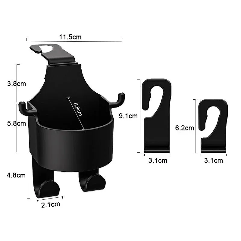 Back seat cup holder with bag hooks