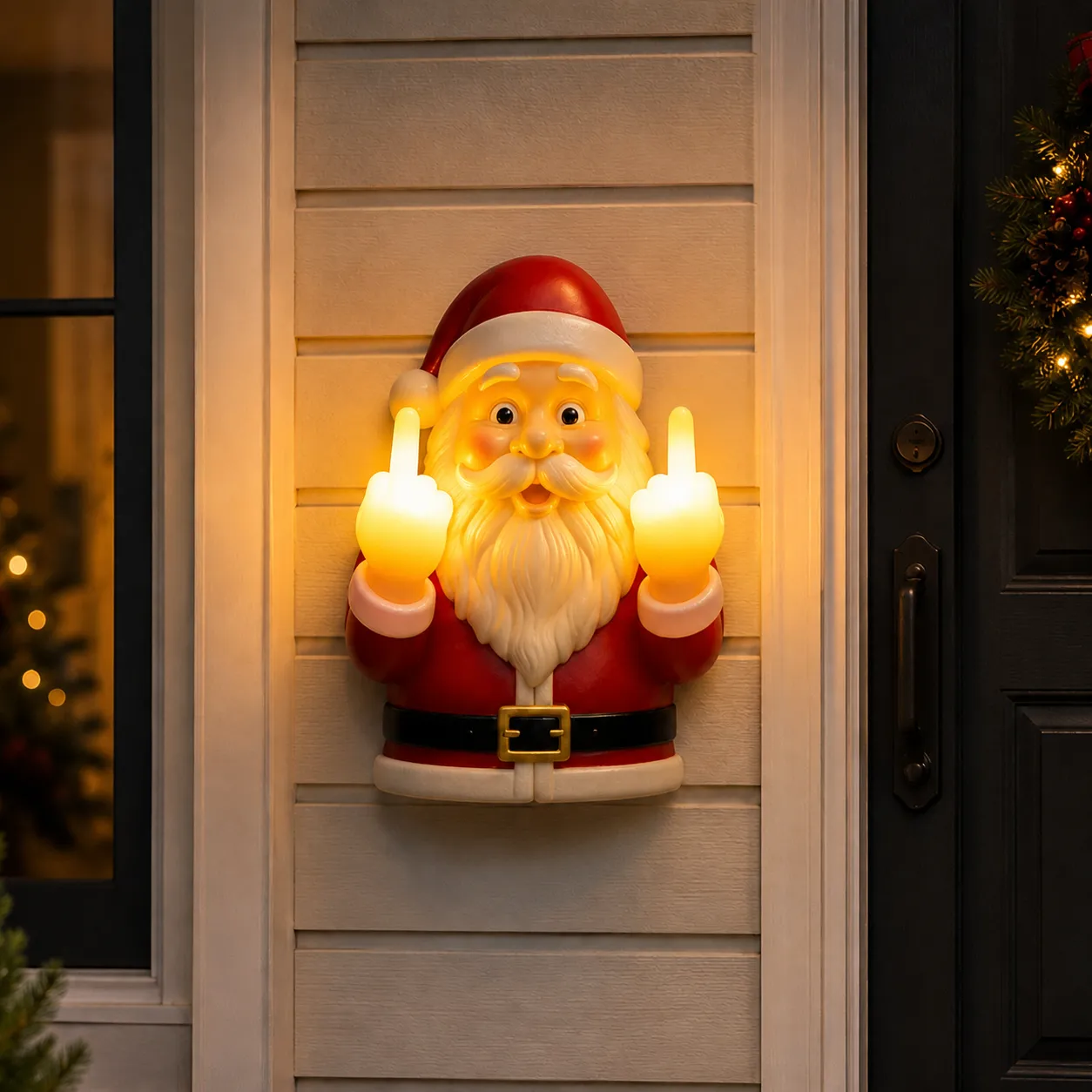 Close view of Santa with two glowing middle-finger hands