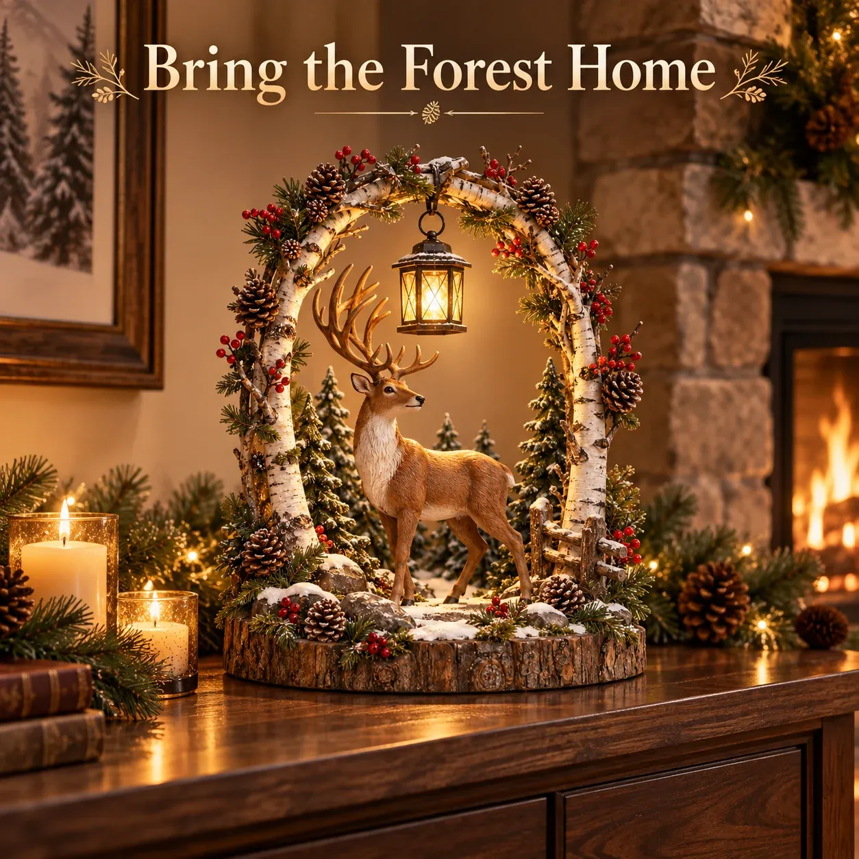 Warm Golden Lantern Glow on Woodland Reindeer Decoration