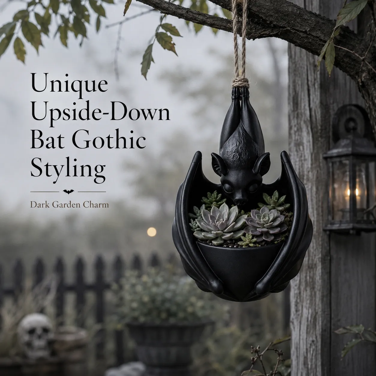 Upside-down bat-shaped hanging planter with detailed gothic styling