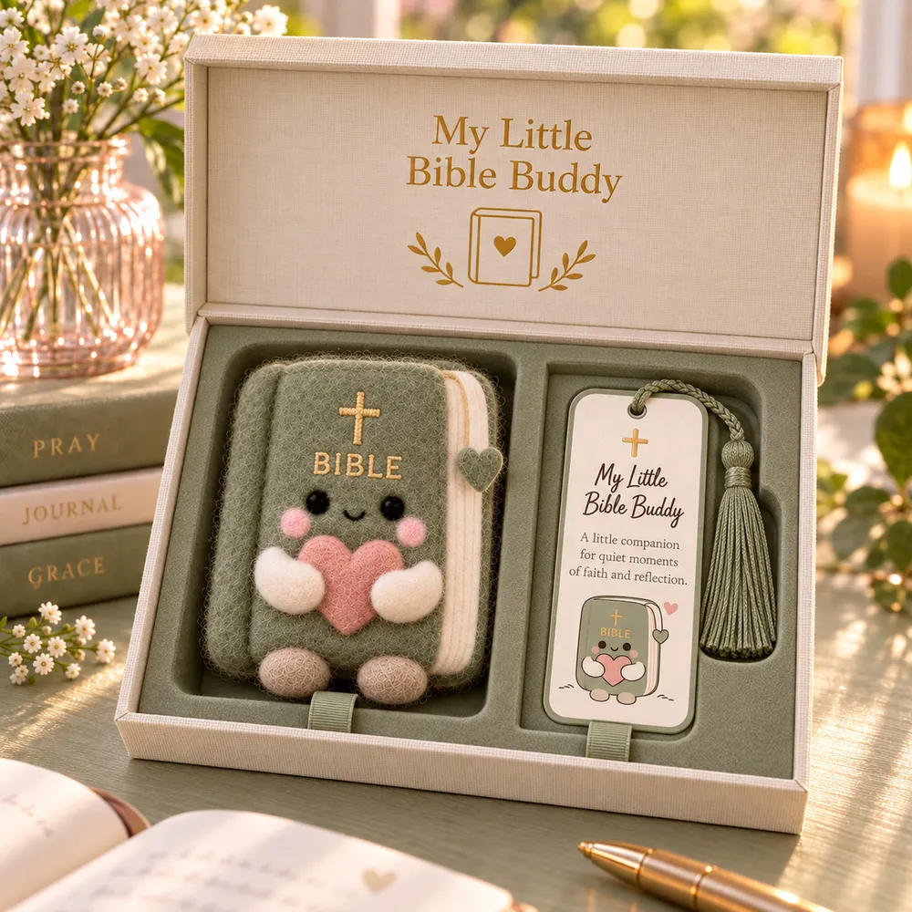 Bible-shaped felt keepsake holding a heart beside its matching tassel bookmark in a sage-lined box