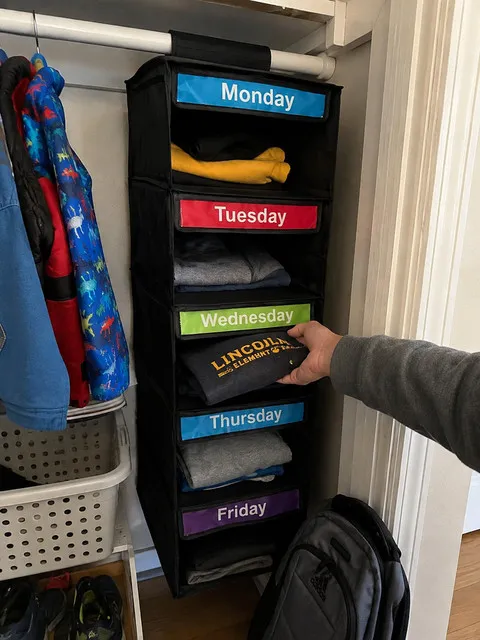 Black weekday organizer holding school clothes in a family closet