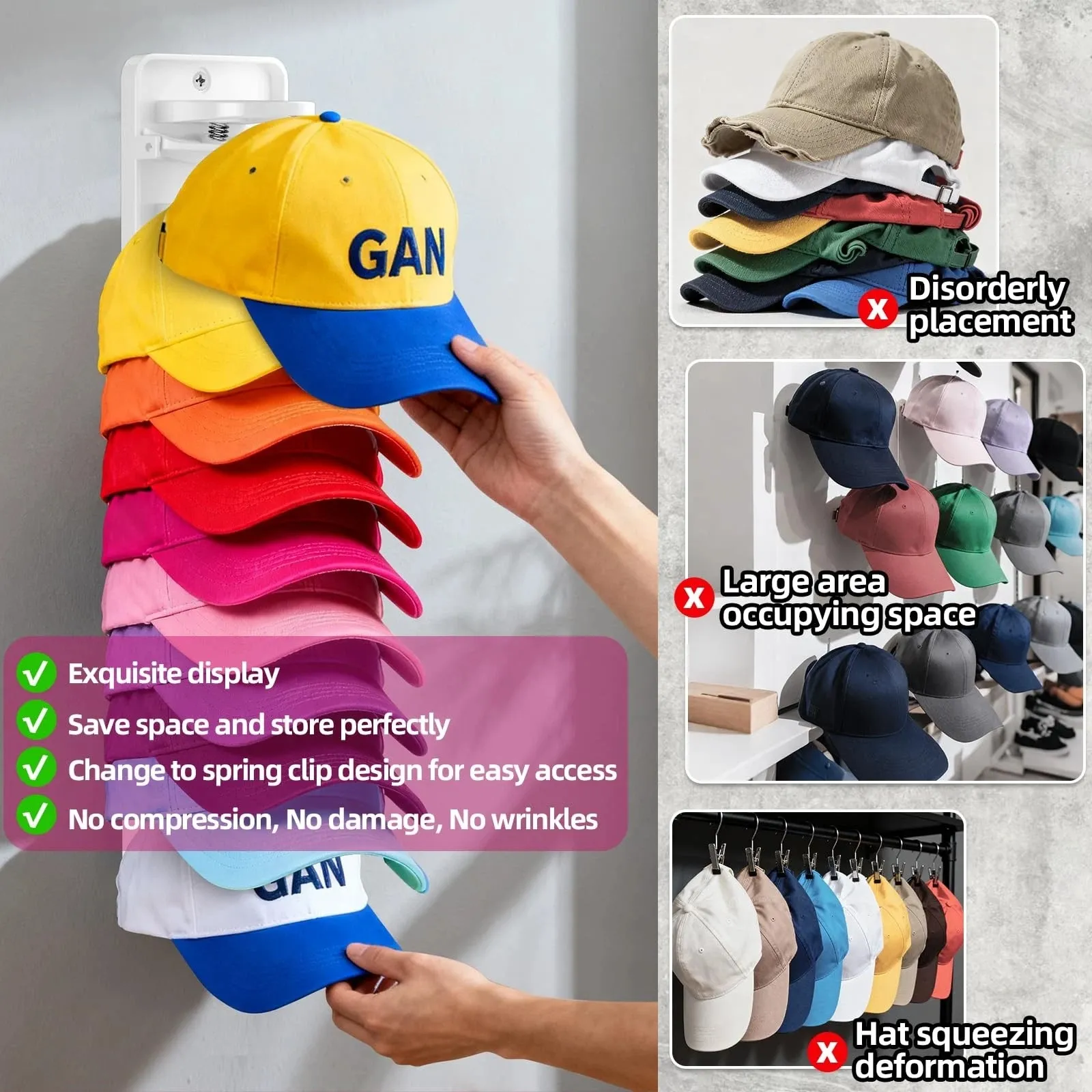 Organized vertical cap display compared with messy cap storage