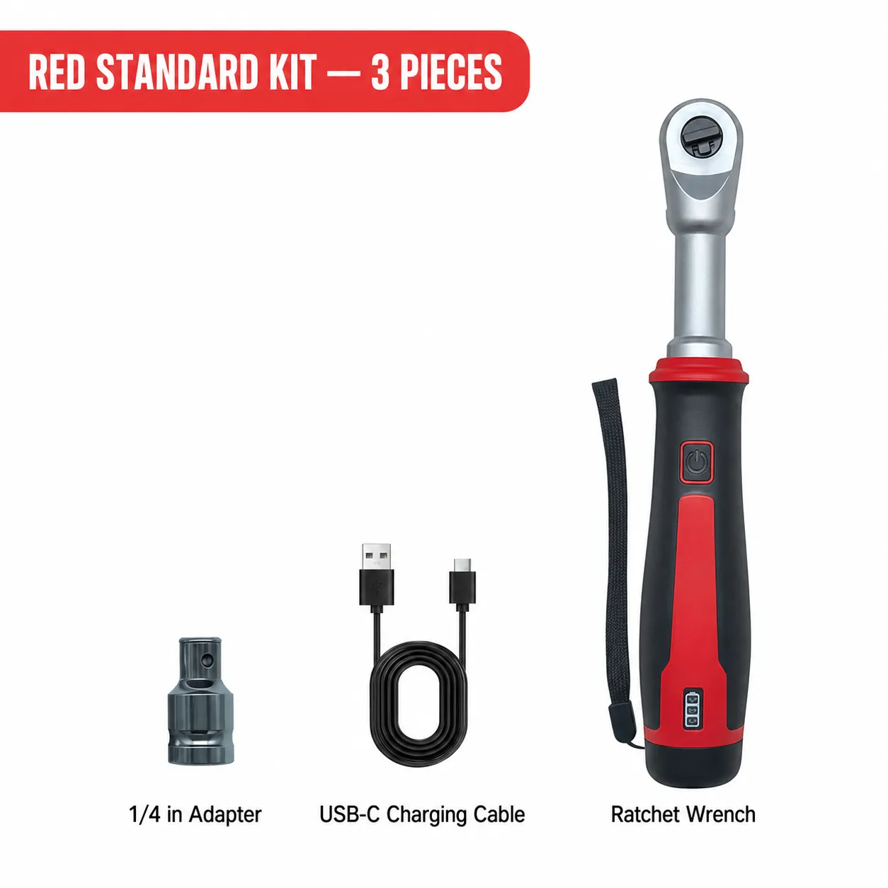 Red standard kit with ratchet wrench, adapter, and USB charging cable