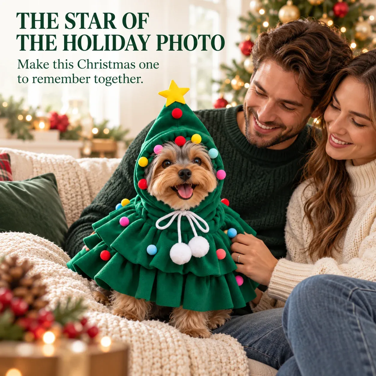 Christmas tree dog costume for holiday photos and gatherings