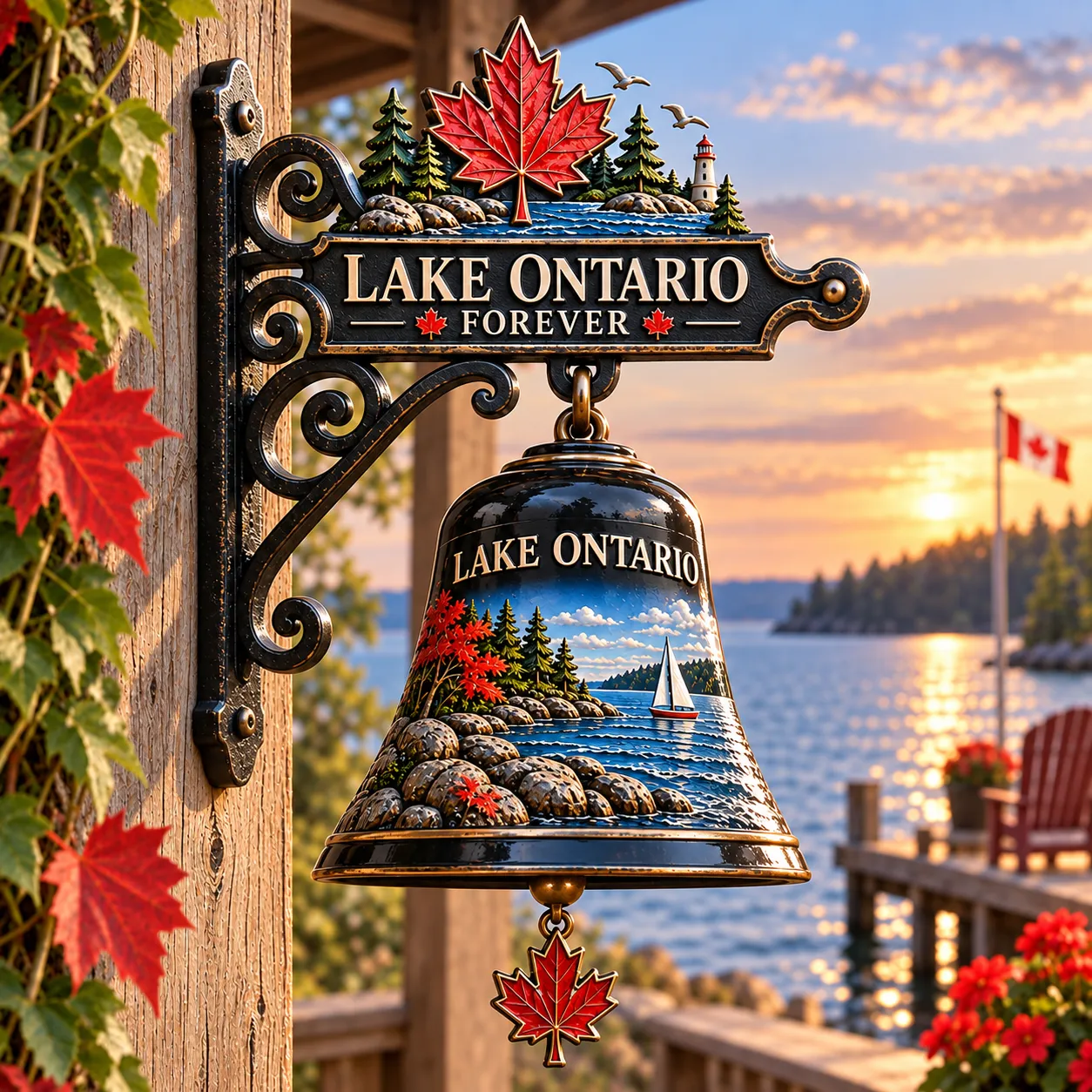 Lake Ontario Forever hanging bell displayed beside the lake at sunset