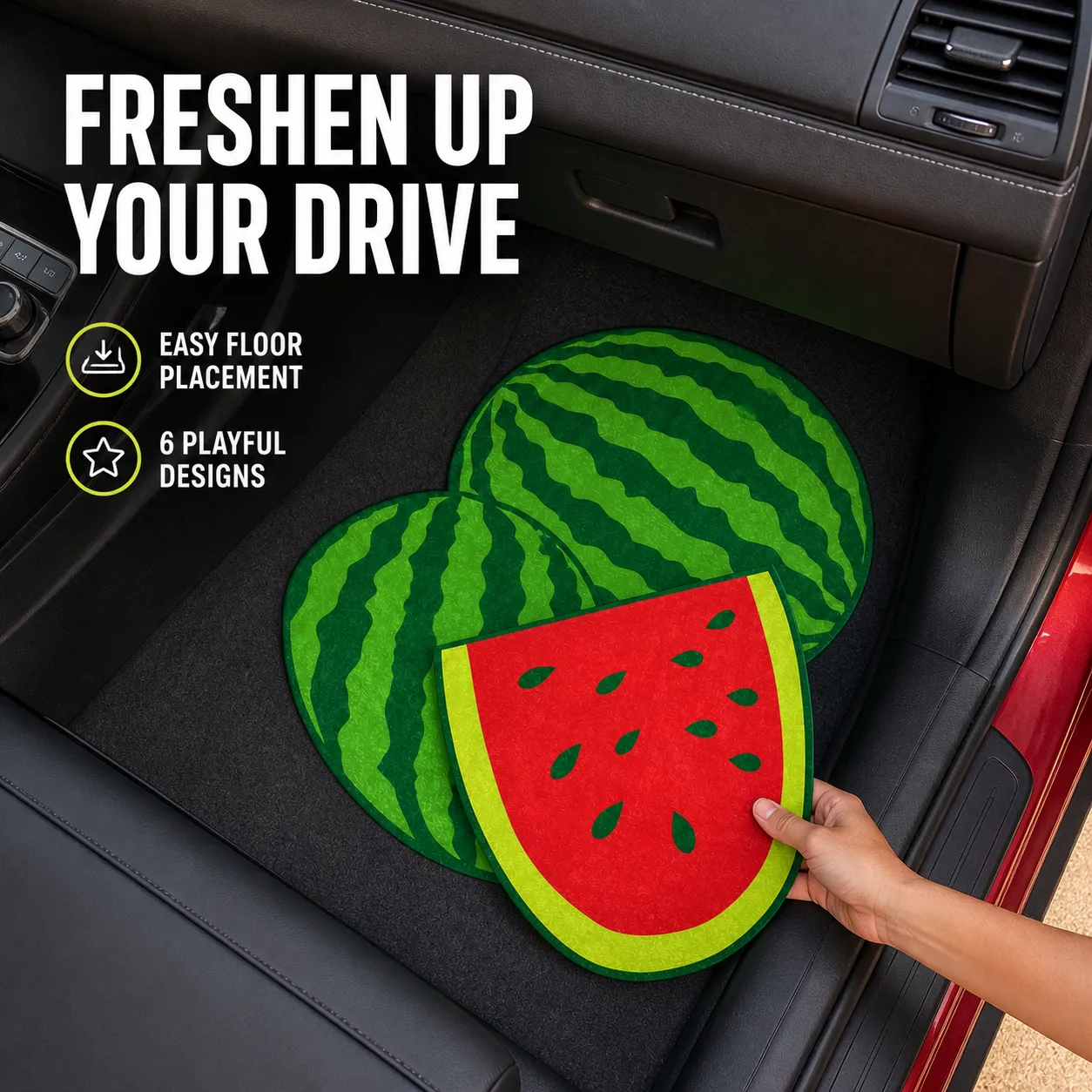 Watermelon scented mat placed in a correctly structured passenger footwell