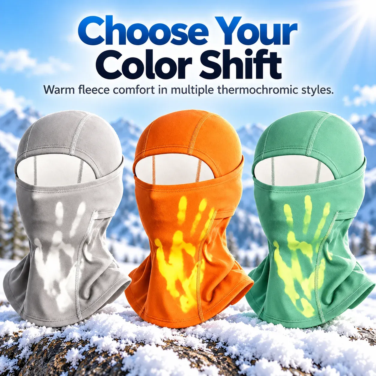 Illustrated heat-reactive balaclavas in gray orange and green