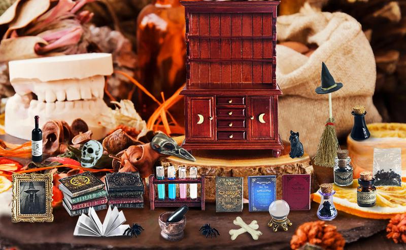 Dollhouse Miniatures 1/12 Scale Accessories, Wooden Bookshelf Furniture Set - Magic Bottle&Potion, Witch Frame and Hat, Mini Bookcase, Haunted Dollhouse Halloween Decorations for Kids Gifts Playset