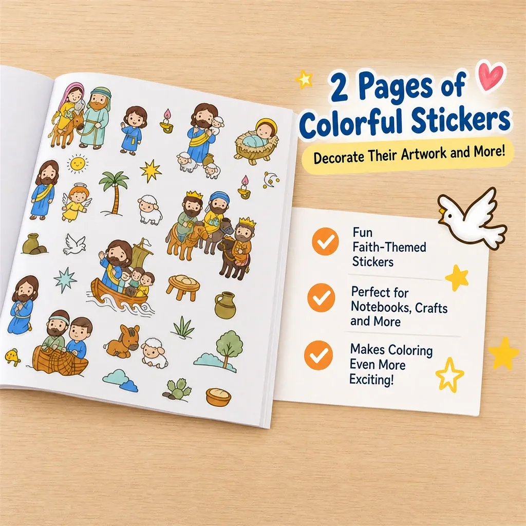 Two pages of colorful faith-themed stickers