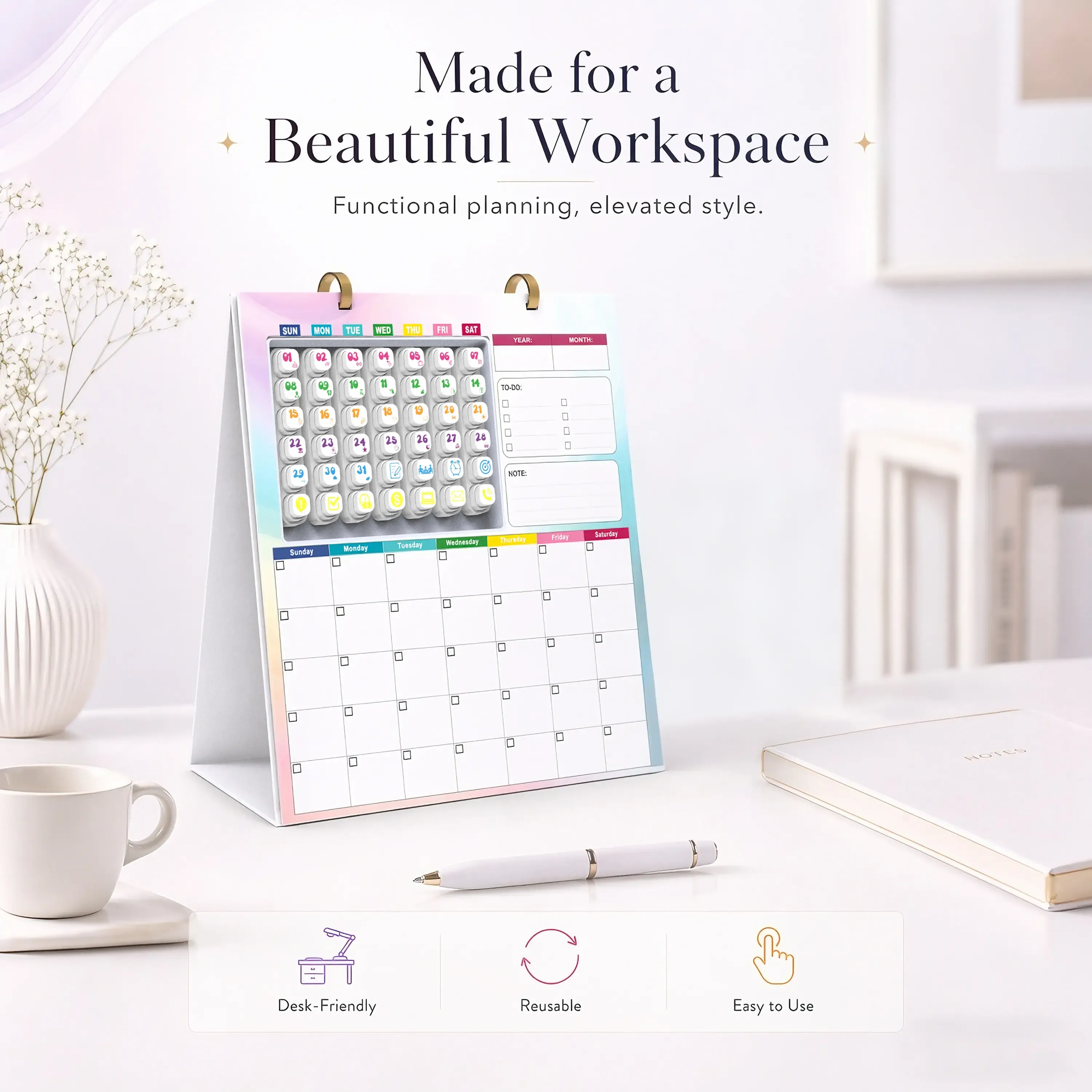 Reusable desk calendar with self inking event stamps and replaceable pages